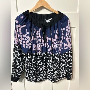 Diane Von Furstenberg DVF Pleated Mikino Top long sleeve Blouse Dots Size 14